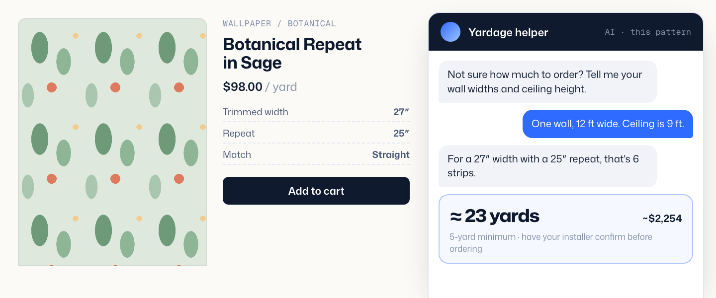 Wallpaper product page with an AI chat that estimates yardage and price from wall size