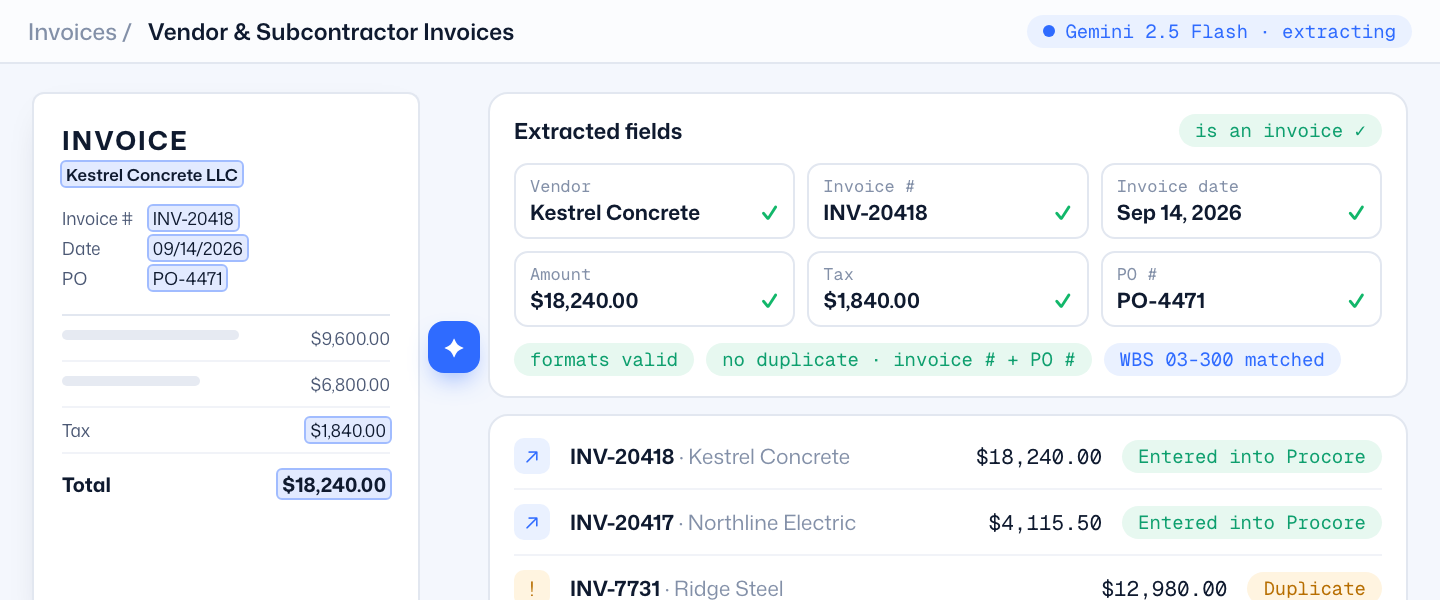 Invoice fields extracted by AI next to the source invoice, with rows marked Entered into Procore